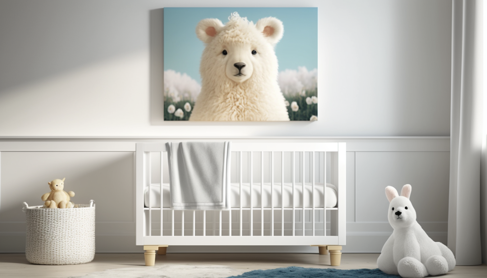 nursery with canvas on wall white wood crib cute plush toy