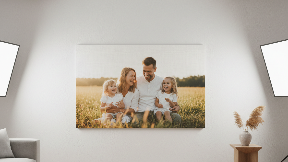 Professional product photography of a gallery wrapped canvas print displayed on a white wall, showing a beautiful family photo printed on canvas with the image wrapping around the edges of the frame, studio lighting, high quality, clean modern home decor setting